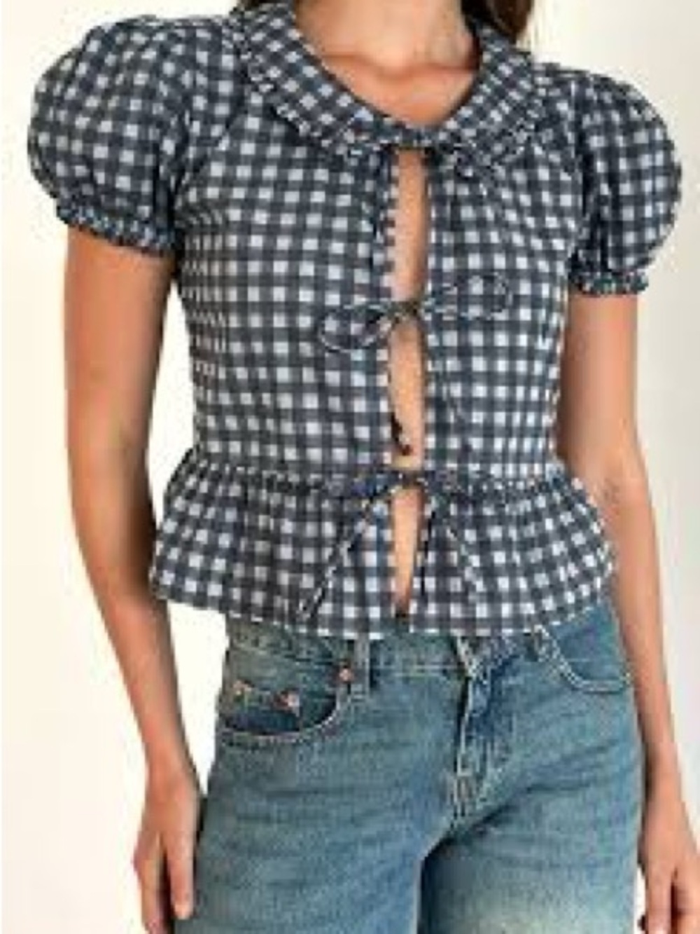 MOTEL ROCKS Light-Black Gingham Tie-Front Puff Sleeve Top (Size Small) - Picture 1 of 7